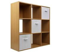 Charles Jacobs Oak 9 Cube Storage Shelving Unit + 3 White Fabric Drawers