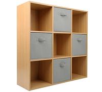 Charles Jacobs Oak 9 Cube Storage Shelving Unit + 4 Grey Fabric Drawers
