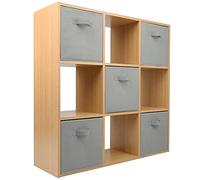 Charles Jacobs Oak 9 Cube Storage Shelving Unit + 5 Grey Fabric Drawers
