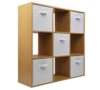 Charles Jacobs Oak 9 Cube Storage Shelving Unit + 5 White Fabric Drawers