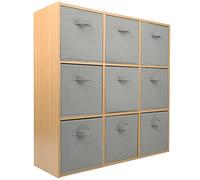 Charles Jacobs Oak 9 Cube Storage Shelving Unit + 9 Grey Fabric Drawers