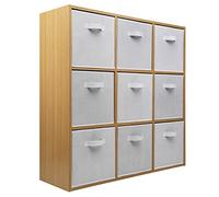 Charles Jacobs Oak 9 Cube Storage Shelving Unit + 9 White Fabric Drawers