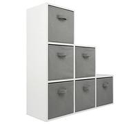 Charles Jacobs White 3 Level 6 Cube Shelving Unit + 6 Grey Fabric Storage Drawers