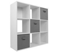 Charles Jacobs White 9 Cube Storage Shelving Unit + 3 Grey Fabric Drawers