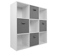 Charles Jacobs White 9 Cube Storage Shelving Unit + 4 Grey Fabric Drawers