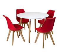 Charles Jacobs White Circular Dinner Table Set with 4 Dining Chairs - Red