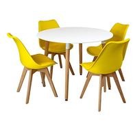 Charles Jacobs White Circular Dinner Table Set with 4 Dining Chairs - Yellow
