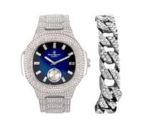 Charles Raymond Bling-ed Out Bracelet with Oblong Iced Look Hip Hop Watch - 8475BC Cuban, ST10235VO Blue SLV -C, 9 inches watch 9 inches bracelet