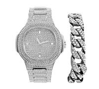 Charles Raymond Bling-ed Out Cuban Bracelet with Oblong Iced Look Hip Hop Watch - 8475BC Cuban, 8967 Silver Baguette, 9 inches watch 9 inches bracelet, 8475BC Cuban (8967 Silver Baguette)