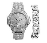 Charles Raymond Bling-ed Out Cuban Bracelet with Oblong Iced Look Hip Hop Watch - 8475BC Cuban, Silver Silver, 9 inches watch 9 inches bracelet, 8475BC Cuban Silver
