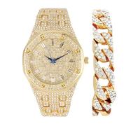 Charles Raymond Bling-ed Out Rapper's Luxury Hip Hop Mens Watch - Stand Out in Your Crew with This Bling Timepiece seen from Miles Away - 10227FAM, ST10528 Gold w/Cuban, Hip Hop Iced out Rapper
