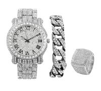 Charles Raymond Bling-ed Out Round Luxury Mens Watch w/Bling-ed Out Cuban Bracelet and Iced King Ring Set - L0504 BR 3pc Set, 8 UK