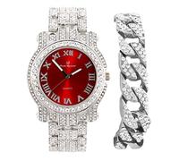 Charles Raymond Bling-ed Out Silver Round Luxury Mens Watch w/Bling-ed Out Bracelet - L0504B, L0504DB Cuban (Roman Silver Blood Red), mens, L0504B - Cuban (Roman Silver Blood Red)