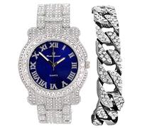 Charles Raymond Bling-ed Out Silver Round Luxury Mens Watch w/Bling-ed Out Bracelet - L0504B, L0504RNB Cuban Silver Royal Blue, mens, L0504B (L0504RNB Cuban Slv Royal Blue)