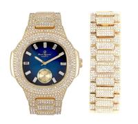 Charles Raymond Blinged Out Oblong Case Metal Mens Watch w/Matching Blinged Out Bracelet Set - 8475BM, ST10235 VO GLD BLUE -B, ST10235 VO GLD BLUE -B