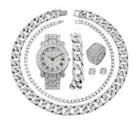 Charles Raymond Fully Iced Mens Big Rocks Bezel Color Dial with Roman Numerals, Cuban Chain Bracelet, Cuban Necklace, Tennis Chain & Ring - ST10327CRNT, L0504 Tirm Silver blk #R, 12, Hip Hop