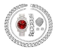 Charles Raymond Fully Iced Mens Big Rocks Bezel Color Dial with Roman Numerals, Cuban Chain Bracelet, Cuban Necklace, Tennis Chain & Ring - ST10327CRNT, L0504 Tirm Silver Red, 12, Hip Hop