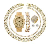 Charles Raymond Fully Iced Mens Big Rocks Bezel Color Dial with Roman Numerals, Cuban Chain Bracelet, Cuban Necklace, Tennis Chain & Ring - ST10327CRNT, L0504 Tirm Gold blk #R, 12, Hip Hop