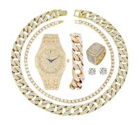 Charles Raymond Fully Iced Mens Big Rocks Bezel Color Dial with Roman Numerals, Cuban Chain Bracelet, Cuban Necklace, Tennis Chain & Ring - ST10327CRNT, ST10528 Gold Trim, 12, Hip Hop