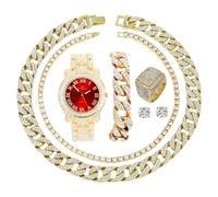 Charles Raymond Fully Iced Mens Big Rocks Bezel Color Dial with Roman Numerals, Cuban Chain Bracelet, Cuban Necklace, Tennis Chain & Ring - ST10327CRNT, L0504 Tirm Gold Red, 12, Hip Hop