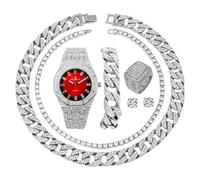 Charles Raymond Fully Iced Mens Big Rocks Bezel Color Dial with Roman Numerals, Cuban Chain Bracelet, Cuban Necklace, Tennis Chain & Ring - ST10327CRNT, ST10528 Silver Red, 12, Hip Hop