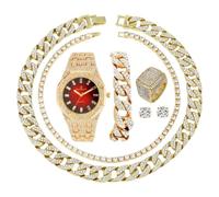 Charles Raymond Fully Iced Mens Big Rocks Bezel Color Dial with Roman Numerals, Cuban Chain Bracelet, Cuban Necklace, Tennis Chain & Ring - ST10327CRNT, ST10528 Gold Red, 12, Hip Hop