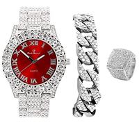 Charles Raymond Mens Big Rocks Bezel - Dial with Roman Numerals Fully Iced Out Watch w/Cuban Chain Bracelet & Ring - ST10327 3pc Set, Red, 9 UK, ST10327CRS (11 Silver Red)
