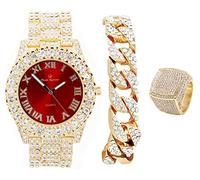 Charles Raymond Mens Gold Big Rocks Bezel Blood Red Dial with Roman Numerals Fully Iced Out Watch w/Cuban Chain Bracelet & Ring Size - Blood Red/Gold - ST10327CRG, gold, 8 UK, Modern