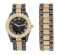 Charles Raymond Mens Silver Big Rocks with Roman Numerals Fully Iced Out Colorful Dial Watch w/Bling'ed Out Cuban Shiny Silver Bracelet - ST10327 RN Cuban, ST10327RN-TT Blk-Gld, Hip Hop