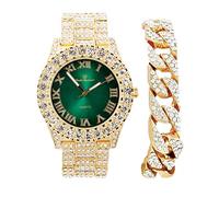 Charles Raymond Mens Silver Big Rocks with Roman Numerals Fully Iced Out Colorful Dial Watch w/Bling'ed Out Cuban Shiny Silver Bracelet - ST10327 RN Cuban, ST10327 Gold Money Green, 9", ST10327 RN