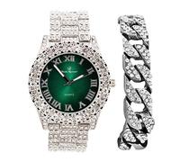 Charles Raymond Mens Silver Big Rocks with Roman Numerals Fully Iced Out Colorful Dial Watch wBling'ed Out Cuban Shiny Silver Bracelet ST10327 RN Cuban, ST10327RN Silver Money Green, 9, ST10327