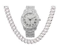 Charles Raymond Silver Bling'ed Out Mens Watches on Blast w/Zig Zag Bling'ed Out Necklace & Bracelet Sets - New Cuban Z Links w/3 Row Diamonds on Each Side - ST102SSeries, Metal, Rhinestone