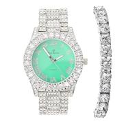 Charles Raymond Women's Big Rocks Bezel Colored Dial with Roman Numerals Fully Iced Out Watch and Matching Beautiful Sparkling Tennis Bracelet Set - ST10327LA (TLA Silver - Mint), ST10327TLA Silver -