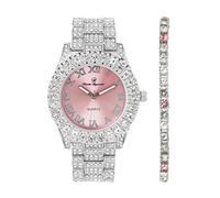 Charles Raymond Women's Big Rocks Bezel Colored Dial with Roman Numerals Fully Iced Out Watch - ST10327LA, ST10327LA SLV Pnk# - Pnk-TB, Hip Hop, Blinged Out, Iced Out, Luxury Dress Watch