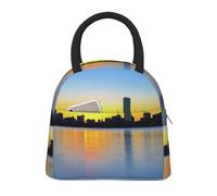 Charles River City Skyline Sunset Insulated Lunch Bag for Men Women | Large Capacity Lunch Box With Front Pocket Portable Kids Cool Bag for Office Work School Picnic Travel, Black
