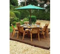 Charles Taylor 8 Seater Wooden Round Garden Dining Table & Chairs Parasol Green