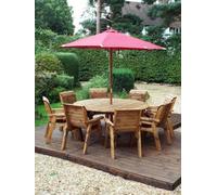 Charles Taylor 8 Seater Wooden Round Garden Dining Table & Chairs Parasol Red