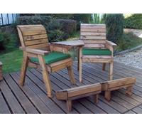 Charles Taylor Deluxe Wooden Angled 2 X Chair Lounger & Footstool Green Cushion