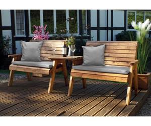 Charles Taylor Trading Charles Taylor Wooden Twin Garden 2 Seater Bench Set Straight & Grey Cushion