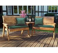 Charles Taylor Wooden Twin Garden 2 Seater Bench Set Angled & Green Cushion