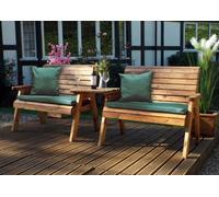 Charles Taylor Wooden Twin Garden 2 Seater Bench Set Straight & Green Cushion