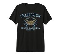 Charleston South Carolina Blue Crab Since 1670 Cyan Letters Premium T-Shirt