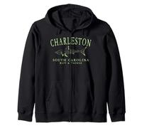 Charleston South Carolina Shark Fishing Arched Lime Letters Zip Hoodie