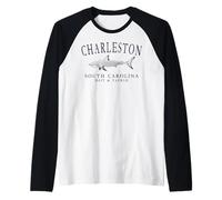 Charleston South Carolina Shark Fishing Arched Plum Letters Raglan Baseball Tee