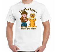 Charley Says T-Shirt Advert Drug Beer Cat Charlie Weed Rave Techno Dance Music Tee White M