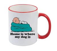 Charlie Brown Home is Where My Dog is, Cartoon Gift, Birthday, Gift for Boy, Girl, Coffee, Tea Mug 11oz Ceramic Rim Mug. (Red Rim)