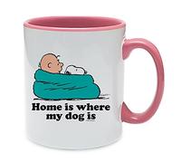 Charlie Brown Home is Where My Dog is, Cartoon Gift, Birthday, Gift for Boy, Girl, Coffee, Tea Mug 11oz Inside Coloured Ceramic Mug. (Pink)