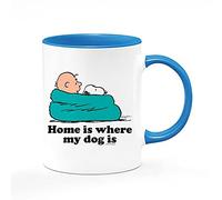 Charlie Brown Home is Where My Dog is, Cartoon Gift, Birthday, Gift for Boy, Girl, Coffee, Tea Mug 11oz Inside Coloured Ceramic Mug. (Blue)