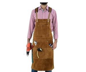Charlie LONDON Cowhide Leather Work Aprons-Heavy-Leather bbq Apron Men with 6 Tool Pockets, Heat-Resistant Welding Apron for Men & Women, Adjustable Size M to XXL-Ideal for Workshop Use (TAN)