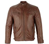 Charlie LONDON Mens Retro Vintage Style Zipped Diamond Casual Biker Real Genuine Leather Jacket - Soft Leather Jackets (UK, Alpha, 3XL, Regular, Regular, Tan)